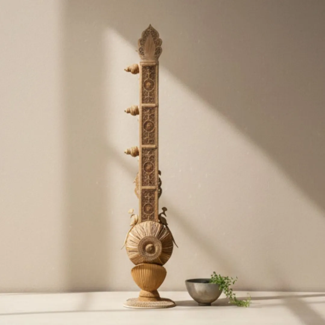 Pure Sandalwood Divine Veena Sculpture with Ornate Carving
