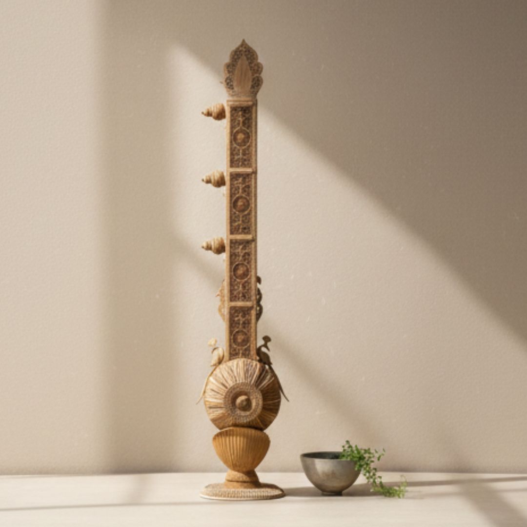 Pure Sandalwood Divine Veena Sculpture with Ornate Carving