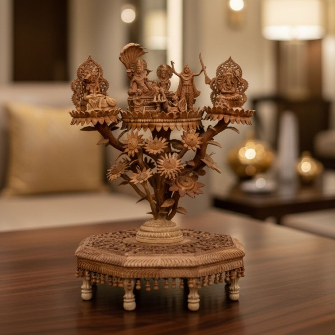 Pure Sandalwood Vishnu Darbar Ensemble with Detailed Temple Carving