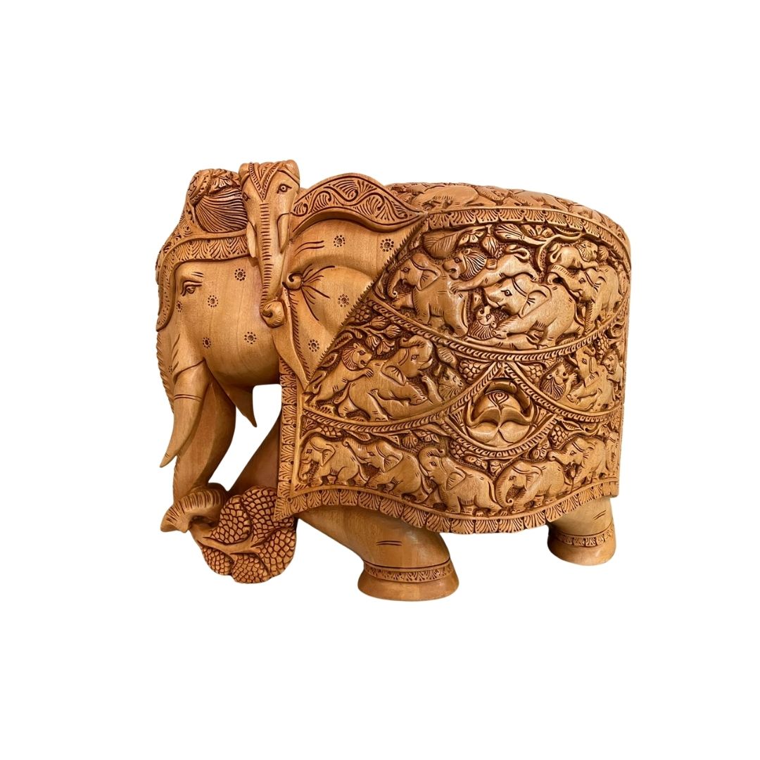 Royal Elephant Sculpture with Heavy Carved Jungle Scene in Sandalwood