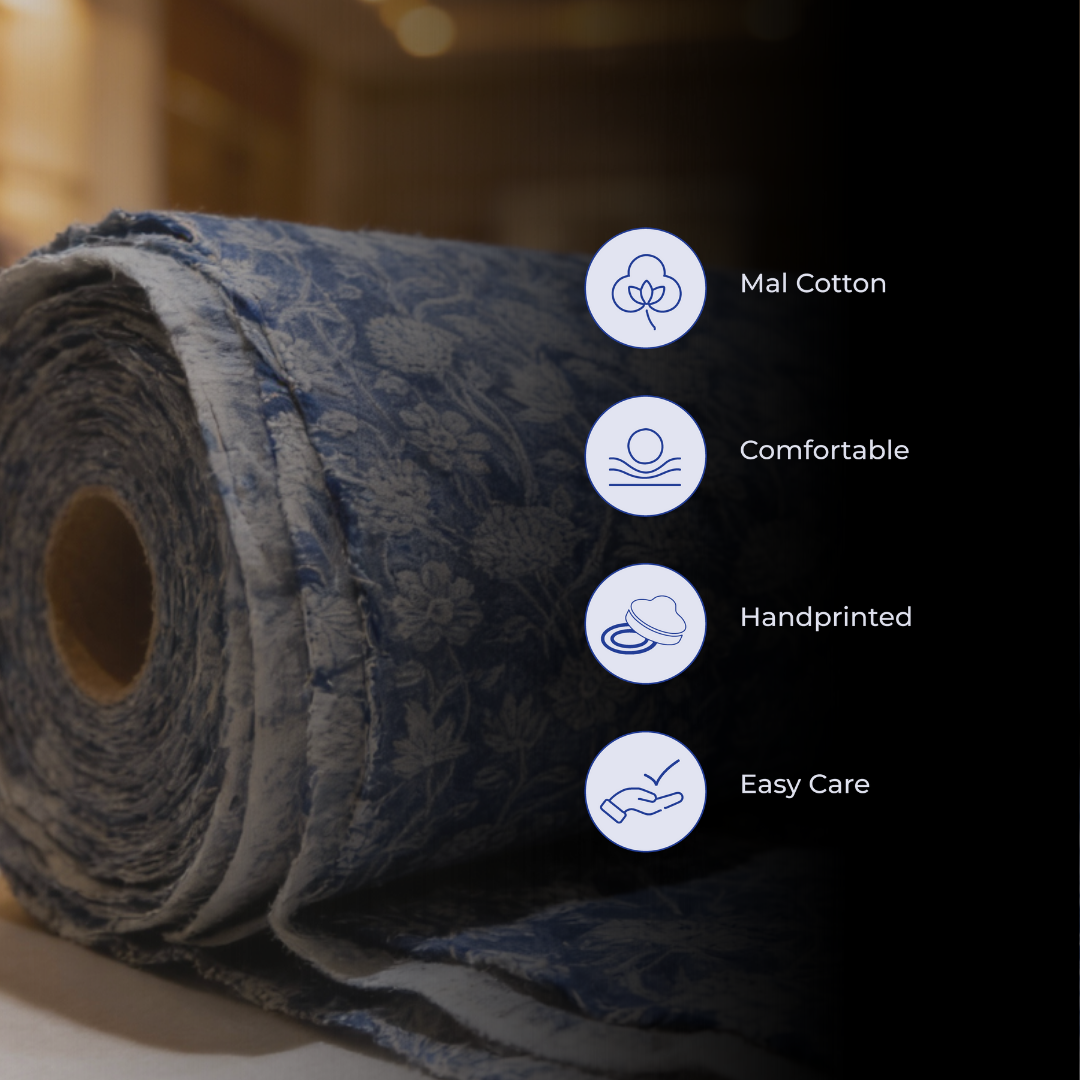 Single-Sided Block Printed Mal Cotton Fabric in Indigo Floral Pattern