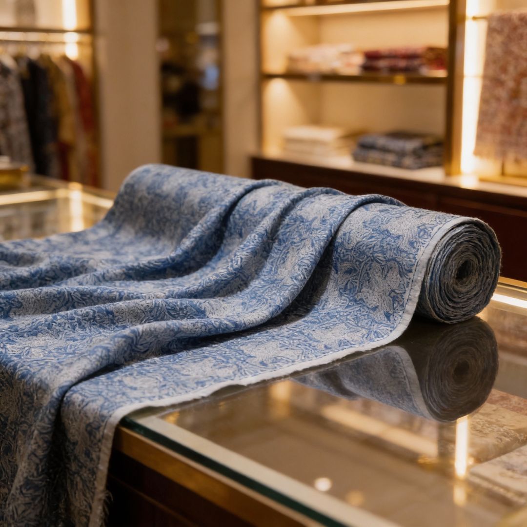 Single-Sided Block Printed Mal Cotton Fabric in Blue Floral Pattern