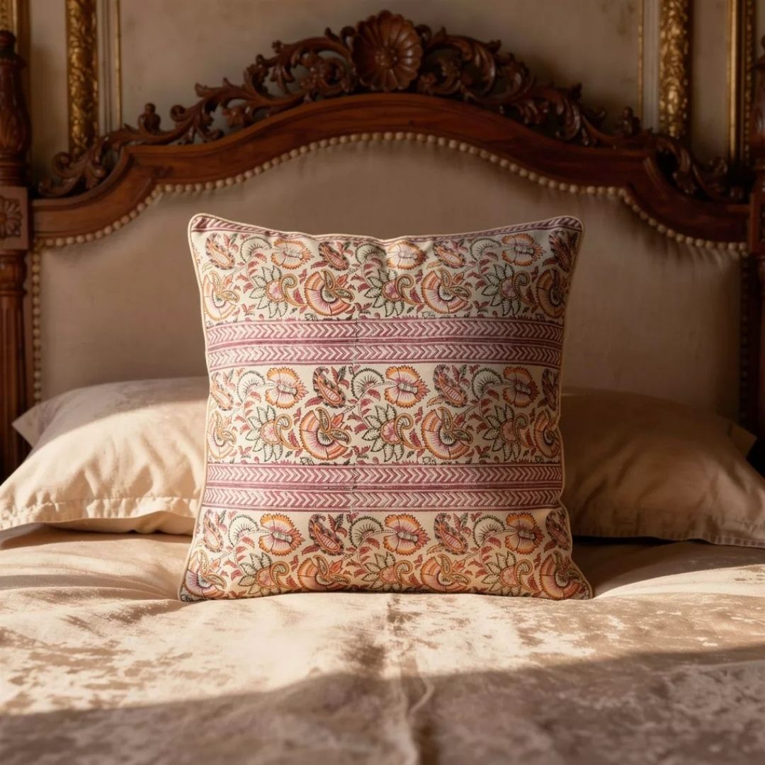 Block Printed South Cotton Cushion Cover with Traditional Multicolour Motifs