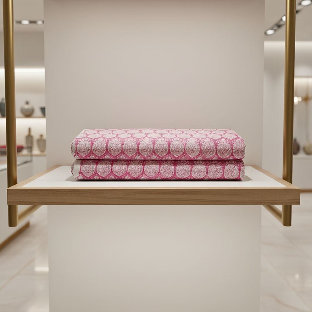 Single-Sided Block Printed Mal Cotton Fabric in Pink Geometric Pattern