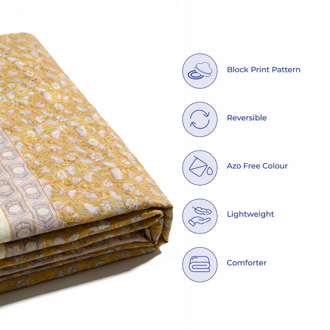 Single Double-Sided Block Printed Cotton Comforter in Yellow Floral Pattern