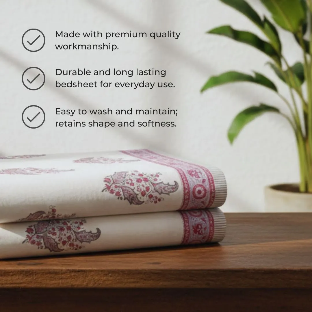 Single-Sided Block Printed Double Bedsheet in Maroon & Dusty Pink Floral Print Motif
