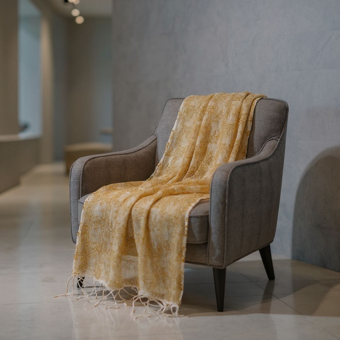 Hand Block Printed Kota Doriya Dupatta in Soft Yellow Floral Pattern