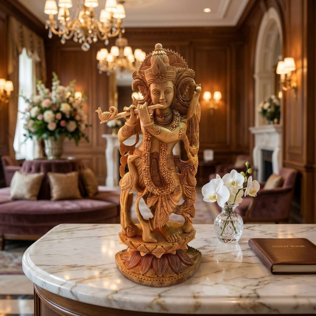 Handcrafted Wooden Lord Krishna Idol Standing with Flute in Nature-Inspired Carving