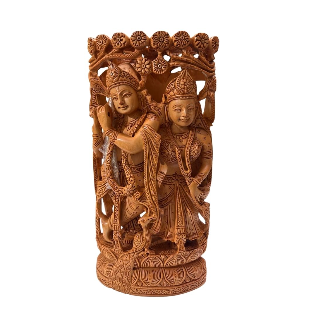 Radha Krishna Jugal Murti in Sandalwood with Intricate Tree Carving