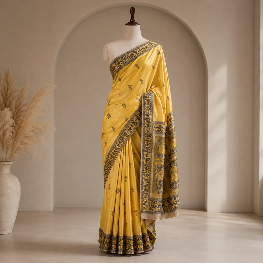 Golden Dusk Yellow & Black Handcrafted Bishnupuri Silk Saree