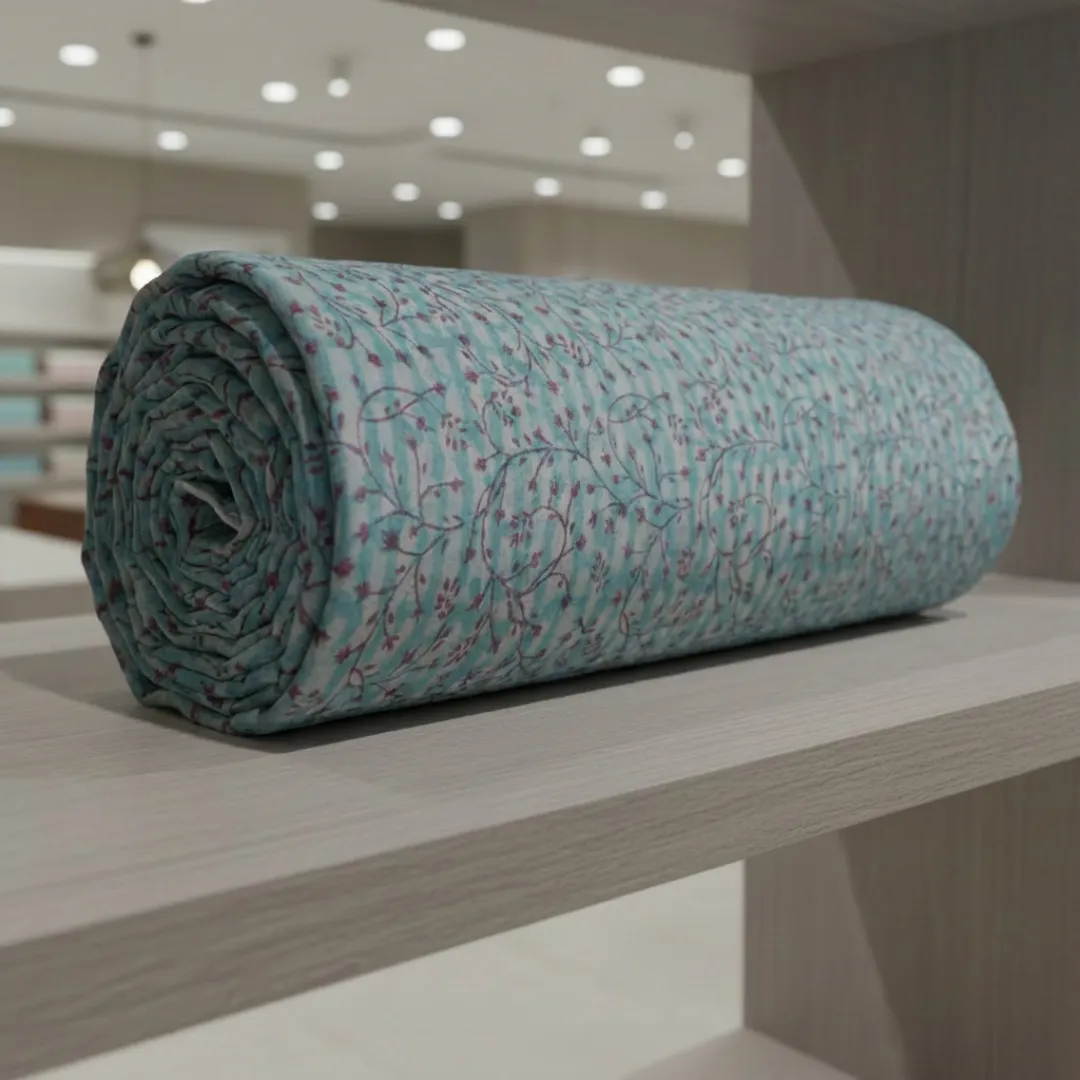 Single-Sided Hand Block Printed Mal Cotton Fabric – Soft Blue Geometric | Sold Per Meter