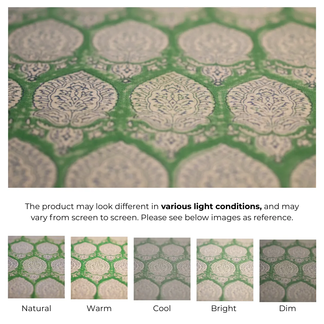Single-Sided Hand Block Printed Mal Cotton Fabric – Green Lattice Floral | Sold Per Meter
