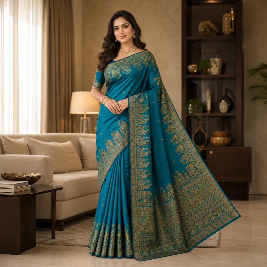 Festive Kashmiri Handwoven Peacock Blue Pashmina Silk Saree with Blouse Piece