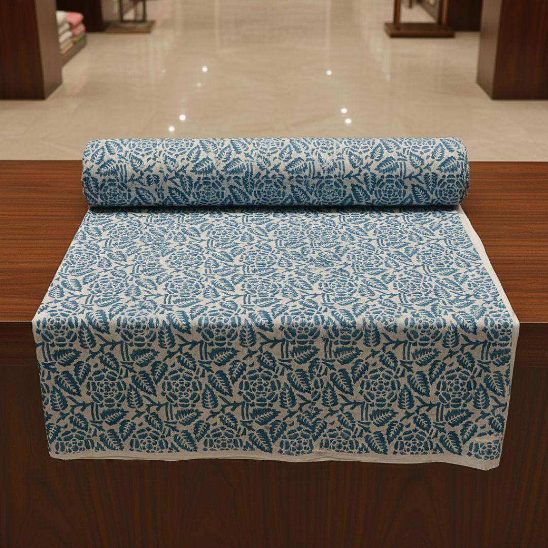 Single-Sided Block Printed Mal Cotton Fabric in Indigo Floral Pattern