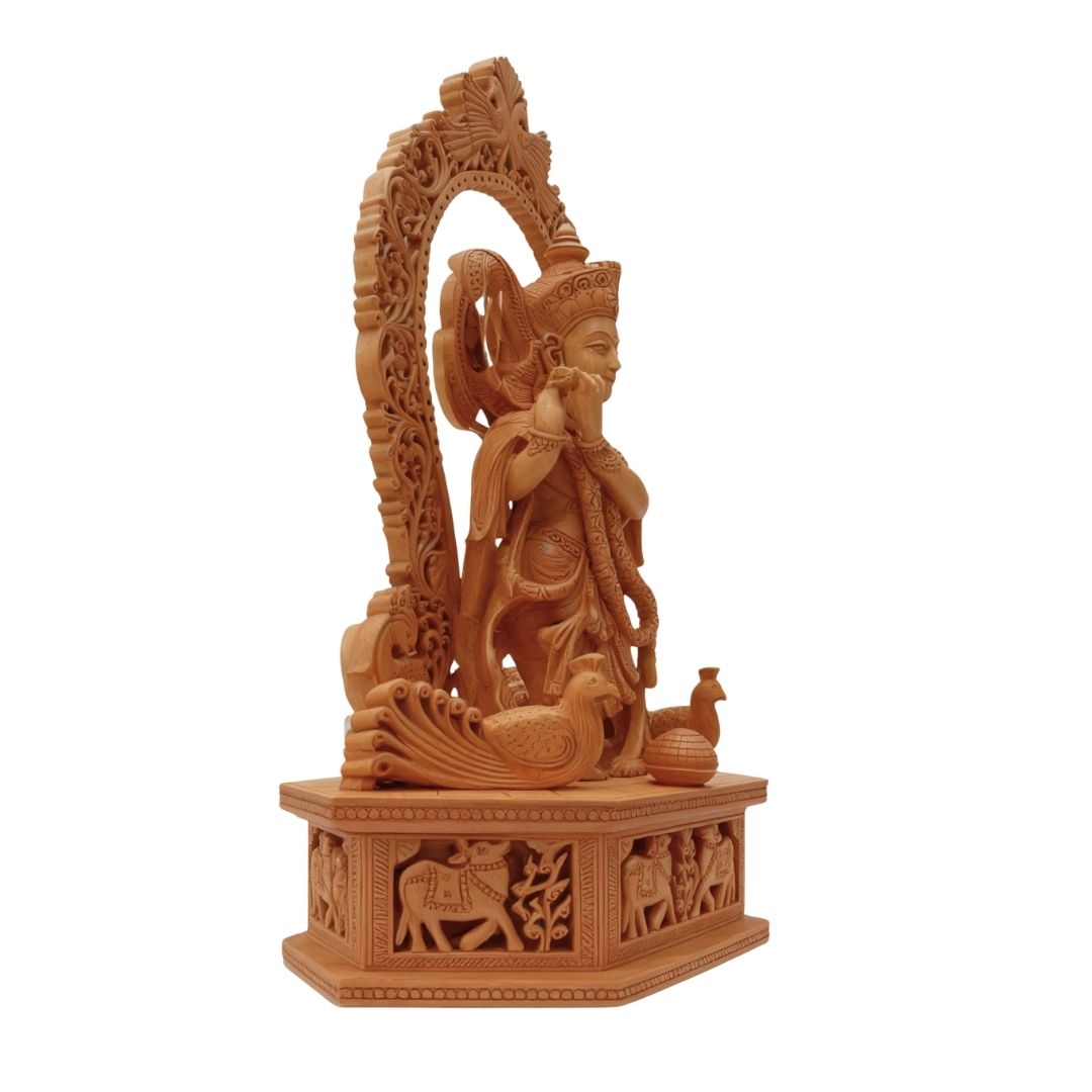 Handcrafted Lord Krishna Sculpture with Flute and Ornate Arch Featuring Peacocks