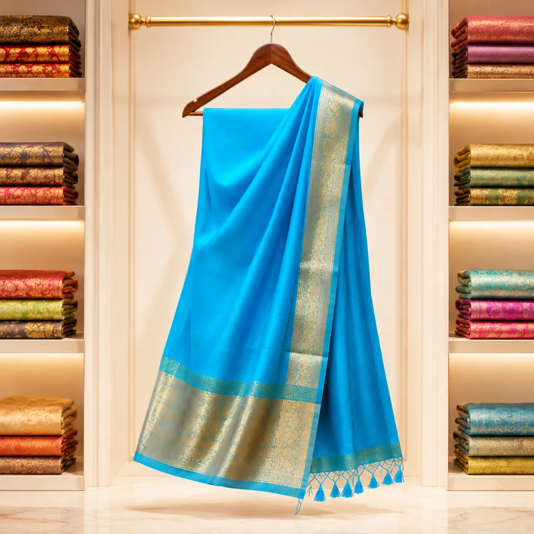Graceful Handcrafted Sky Blue Maslin Organza Saree with Golden Zari Border & Matching Blouse Piece