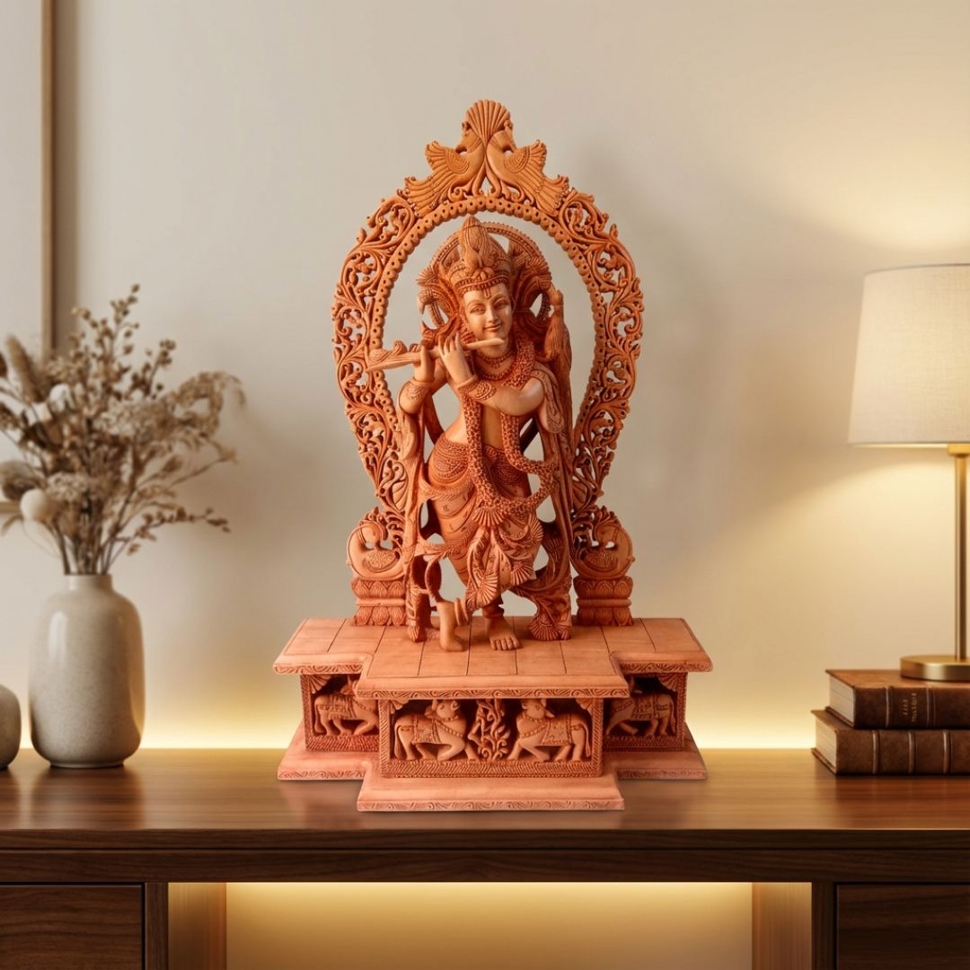 Lord Krishna Standing with Flute on Lotus Base and Peacock Arch Sculpture