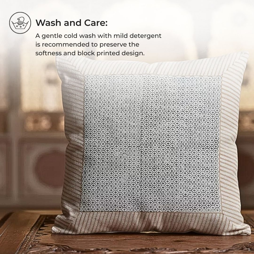 Block Printed Cotton Cushion Covers with Minimal Border Design (Set of 2)