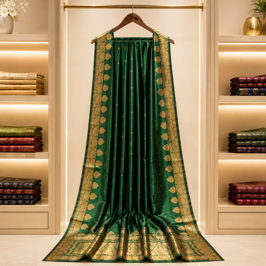 Emerald Green Monipuri Resham Silk Saree – Handcrafted Elegance with Silk Mark 