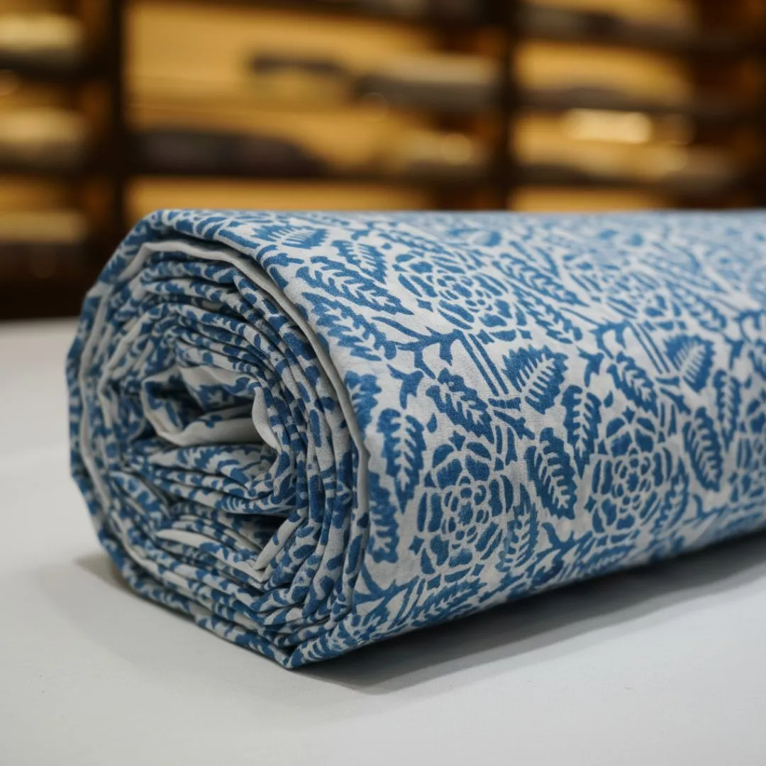 Single-Sided Hand Block Printed Mal Cotton Fabric – Indigo Floral | Sold Per Meter