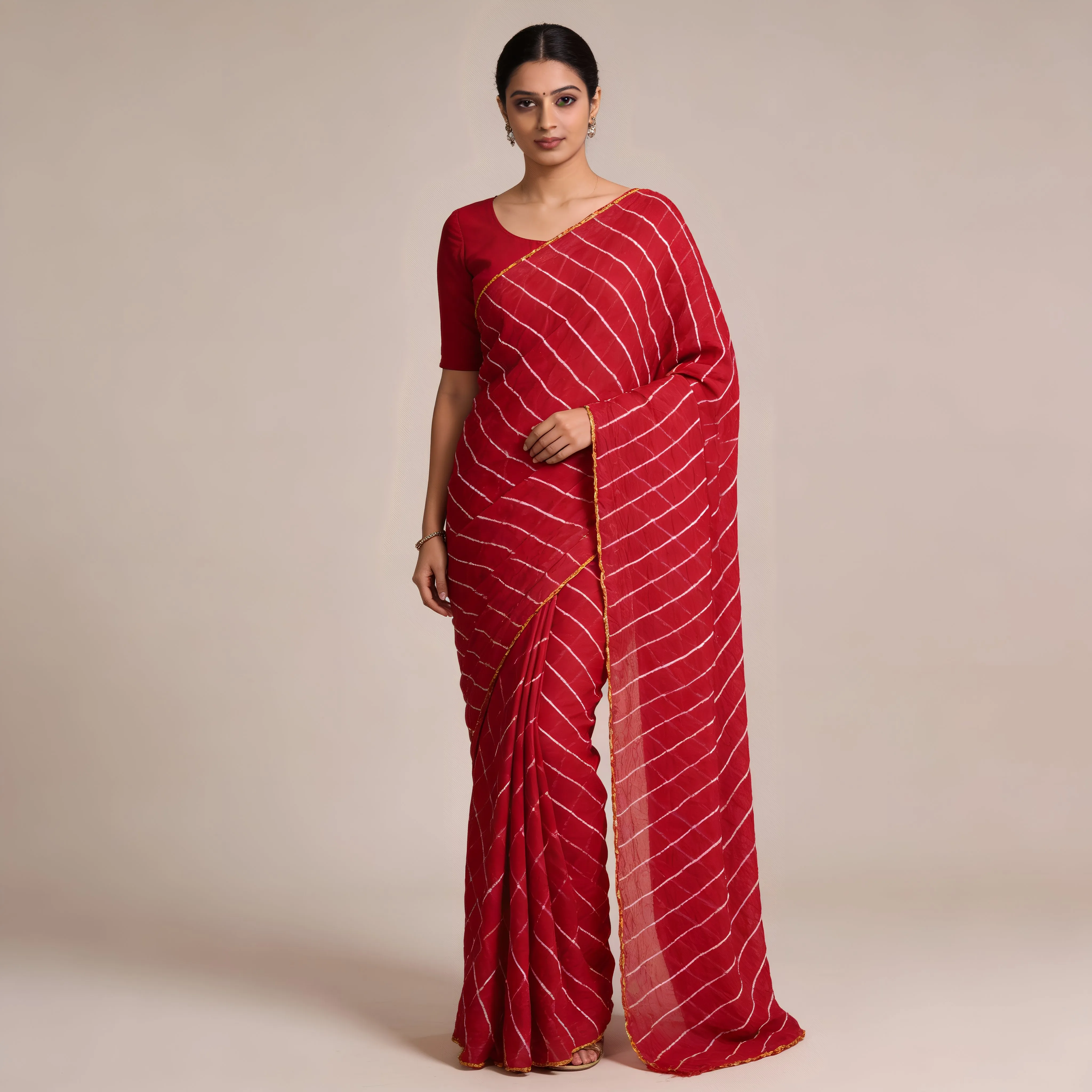 Traditional Lahariya Tie and Dye Chiffon Saree with Matching Blouse in Rich Red Tones 