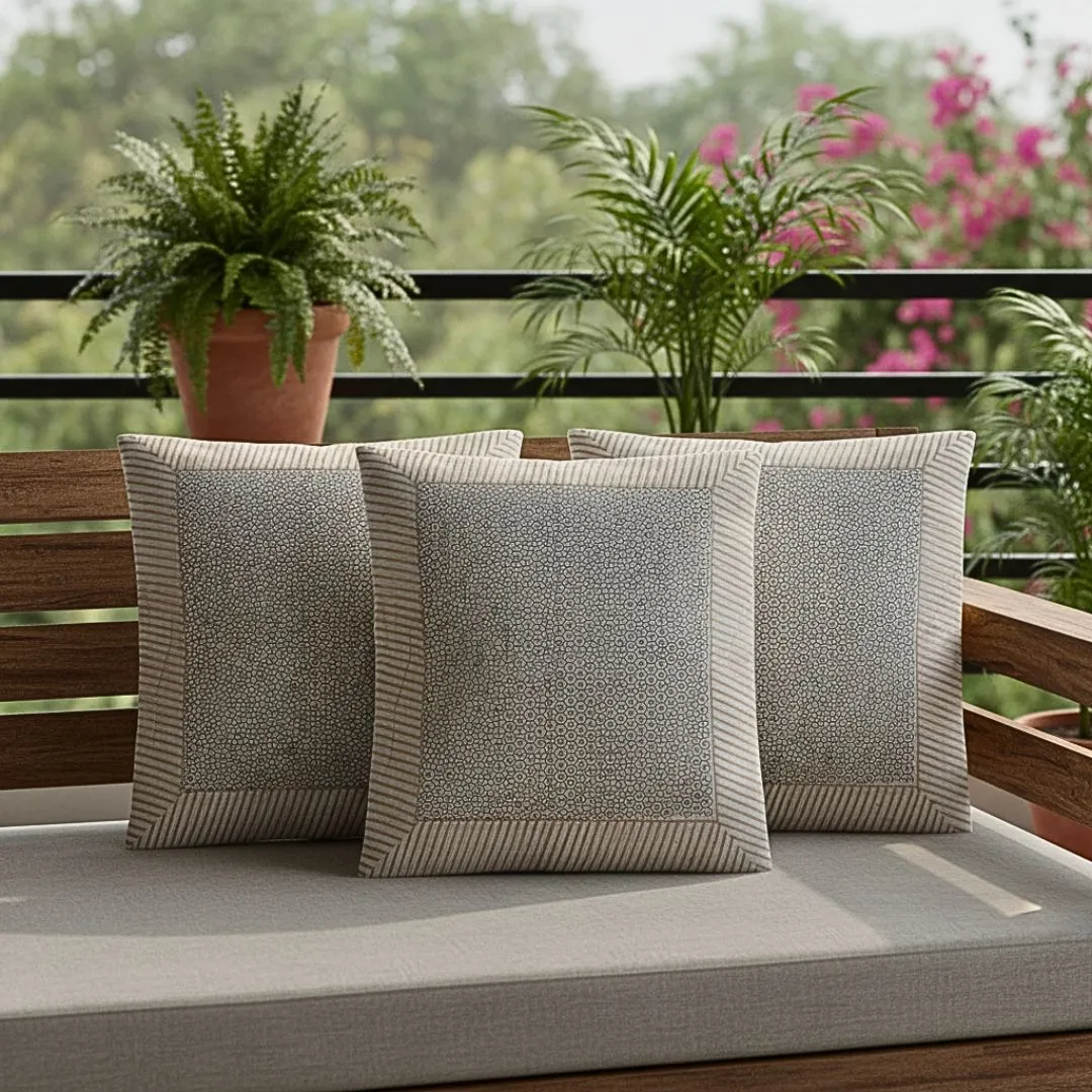 Block Printed Cotton Cushion Covers with Minimal Border Design (Set of 2)