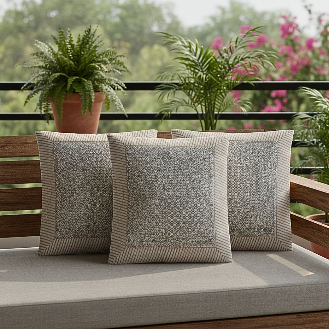 Block Printed South Cotton Cushion Cover with Minimal Border Design