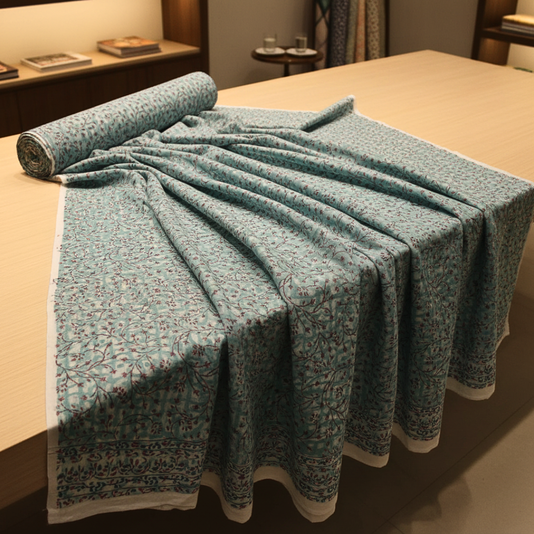 Single-Sided Hand Block Printed Mal Cotton Fabric – Soft Blue Geometric | Sold Per Meter