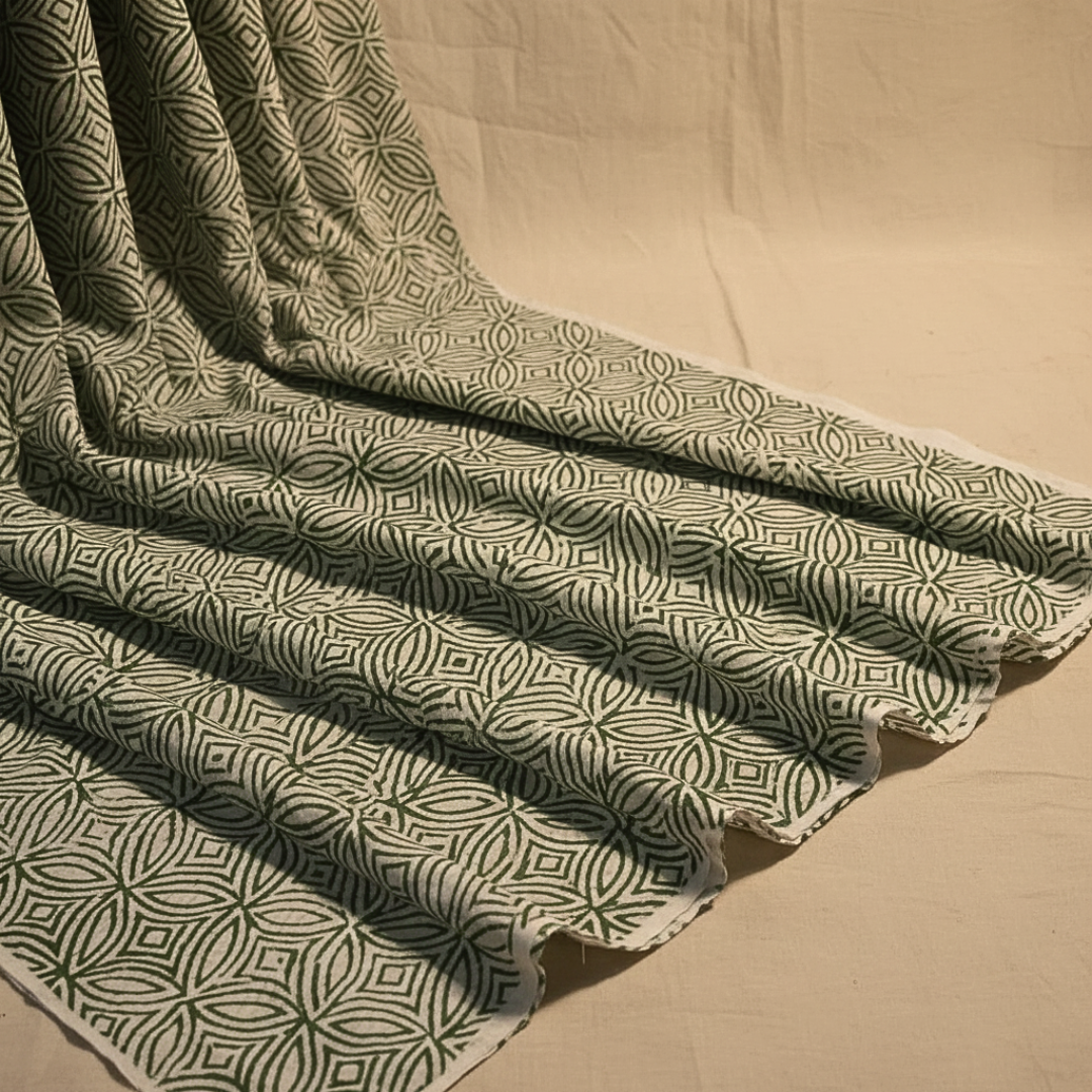 Single-Sided Block Printed Mal Cotton Fabric in Soft Grey Floral Pattern