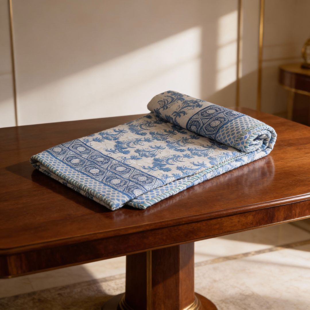 Single Double-Sided Block Printed Cotton Comforter in Blue Floral Pattern