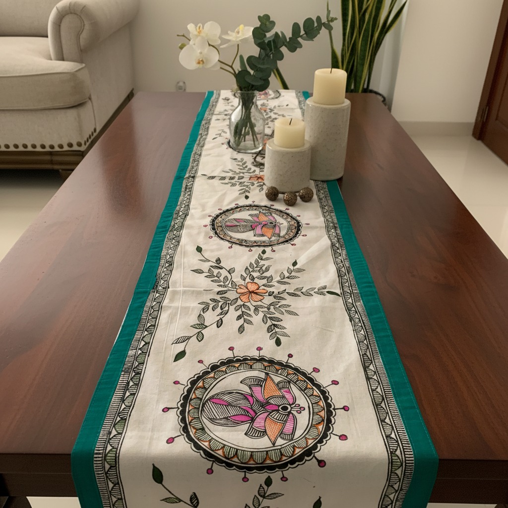 Hand Painted Madhubani Art Work Table Runner {Mayura}