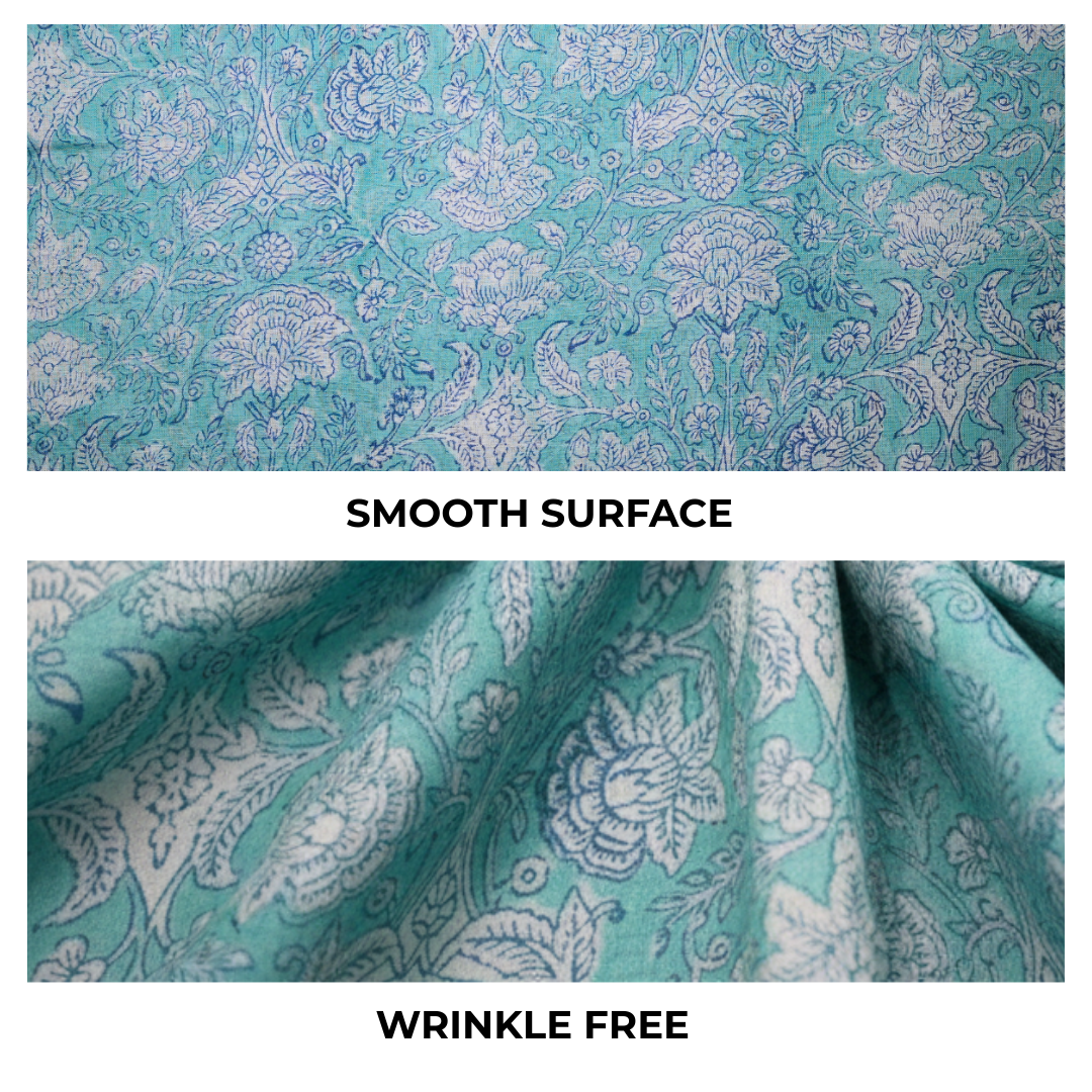 Single-Sided Block Printed Mal Cotton Fabric in Teal Floral Pattern