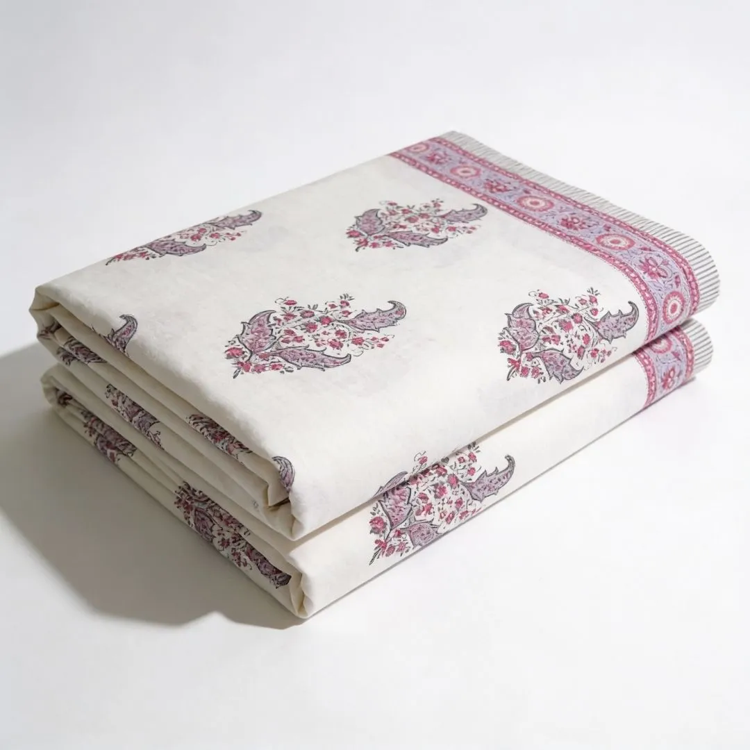 Single-Sided Block Printed Double Bedsheet in Maroon & Dusty Pink Floral Print Motif