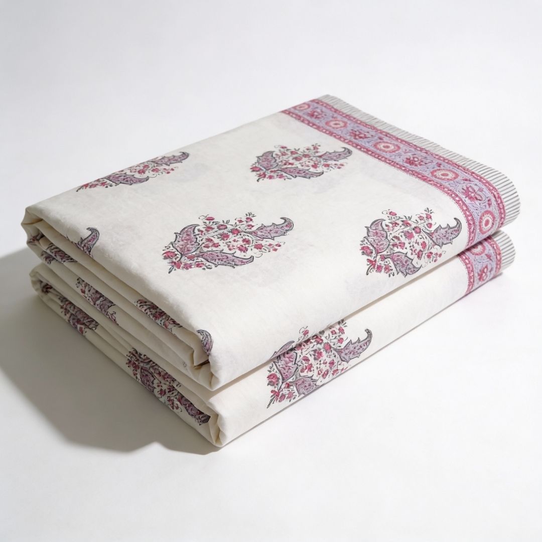 Single-Sided Block Printed Double Bedsheet in Grey Floral Motif