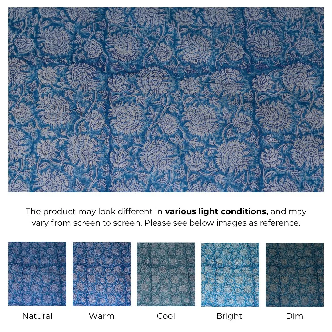 Single-Sided Hand Block Printed Mal Cotton Fabric – Blue Floral Motif | Sold Per Meter