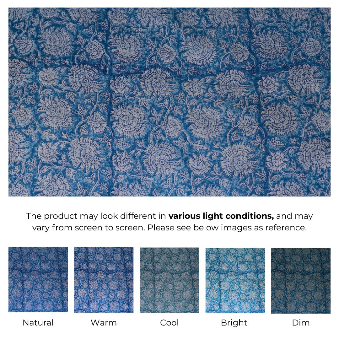 Single-Sided Block Printed Mal Cotton Fabric in Blue Floral Motif