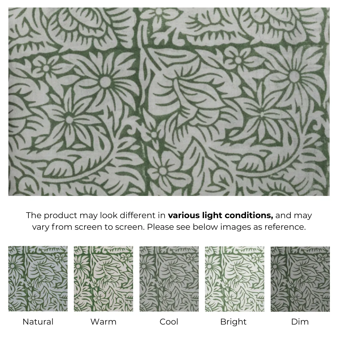 Single-Sided Hand Block Printed Mal Cotton Fabric – Green Botanical | Sold Per Meter