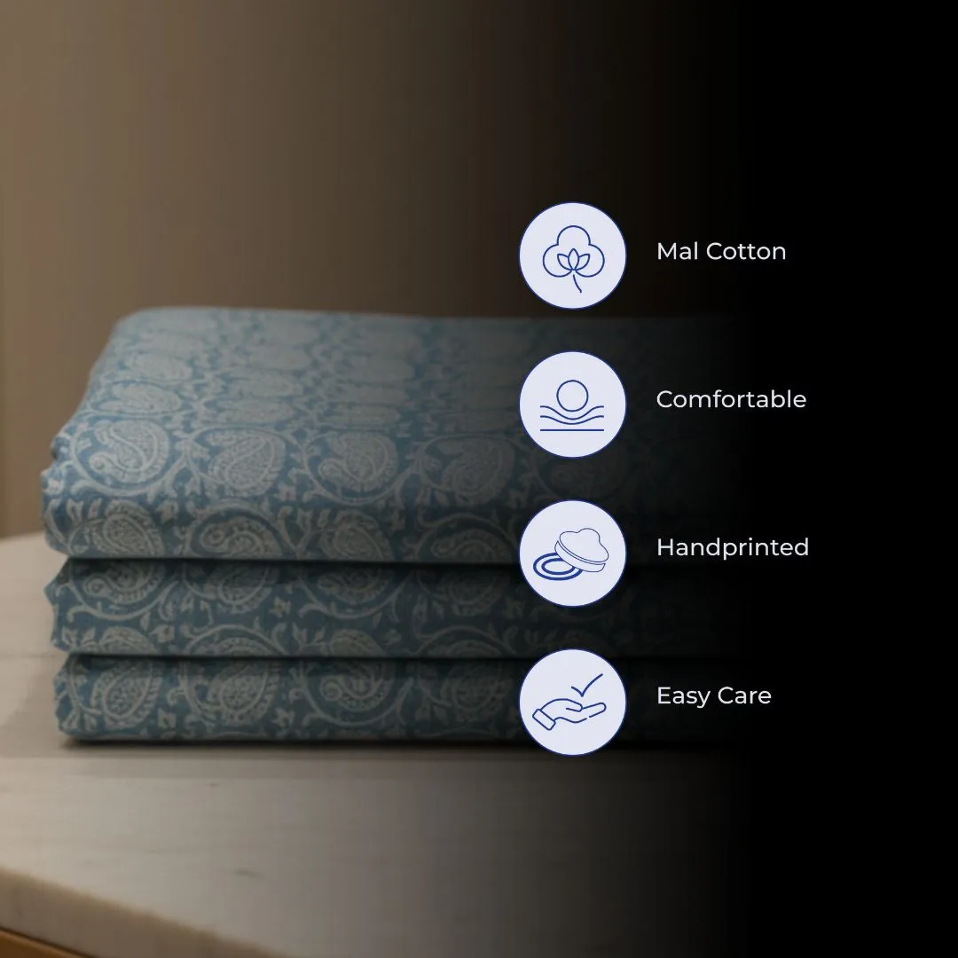 Single-Sided Hand Block Printed Mal Cotton Fabric – Blue Check | Sold Per Meter