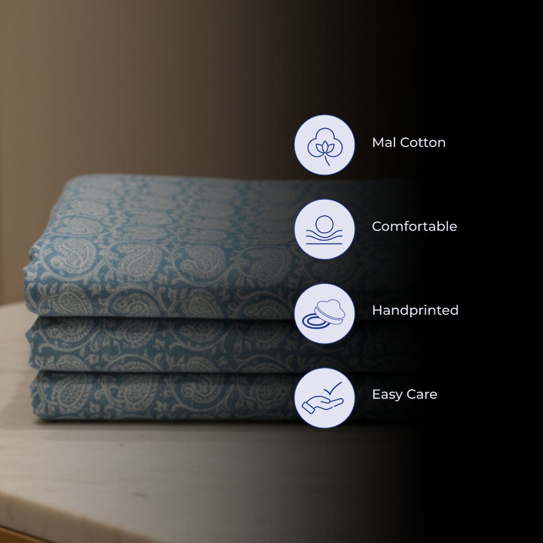 Single-Sided Block Printed Cotton Fabric in Blue Check Pattern