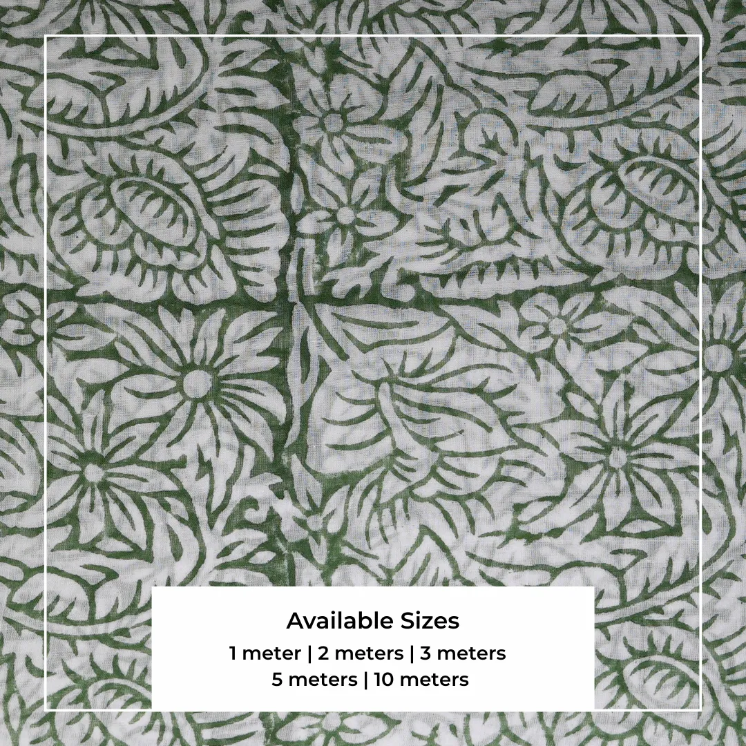 Single-Sided Hand Block Printed Mal Cotton Fabric – Green Botanical | Sold Per Meter