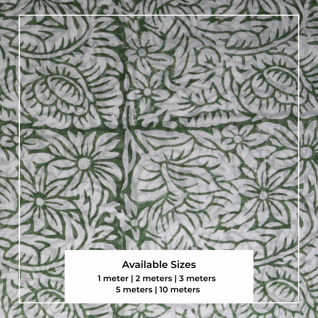 Single-Sided Block Printed Mal Cotton Fabric in Green Botanical Pattern
