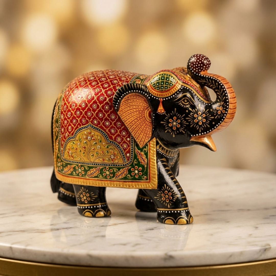 Rajasthani Hand-Painted Decorative Elephant in Red and Green Pattern