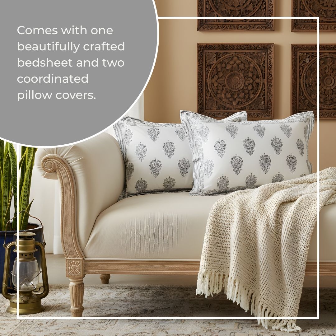 Single-Sided Block Printed Double Bedsheet in Grey Motif