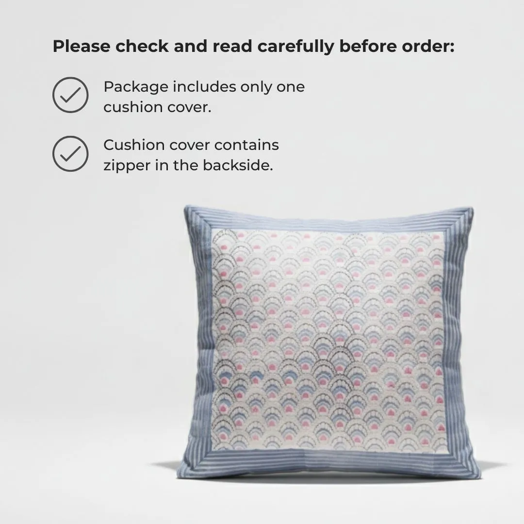 South Cotton Block Printed Cushion Covers with Blue Border Panel (Set of 2)