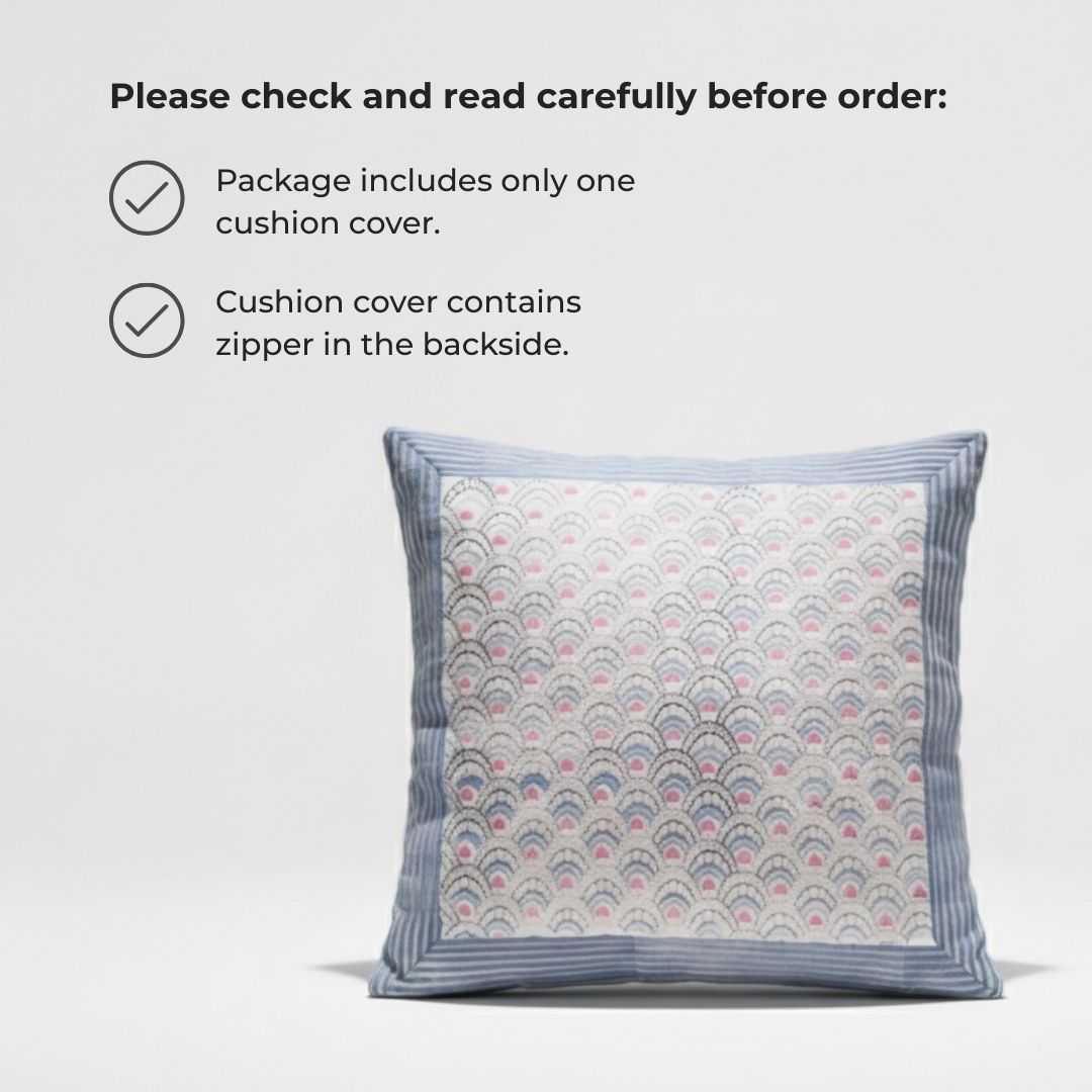 South Cotton Block Printed Cushion Covers with Blue Border Panel (Set of 2)