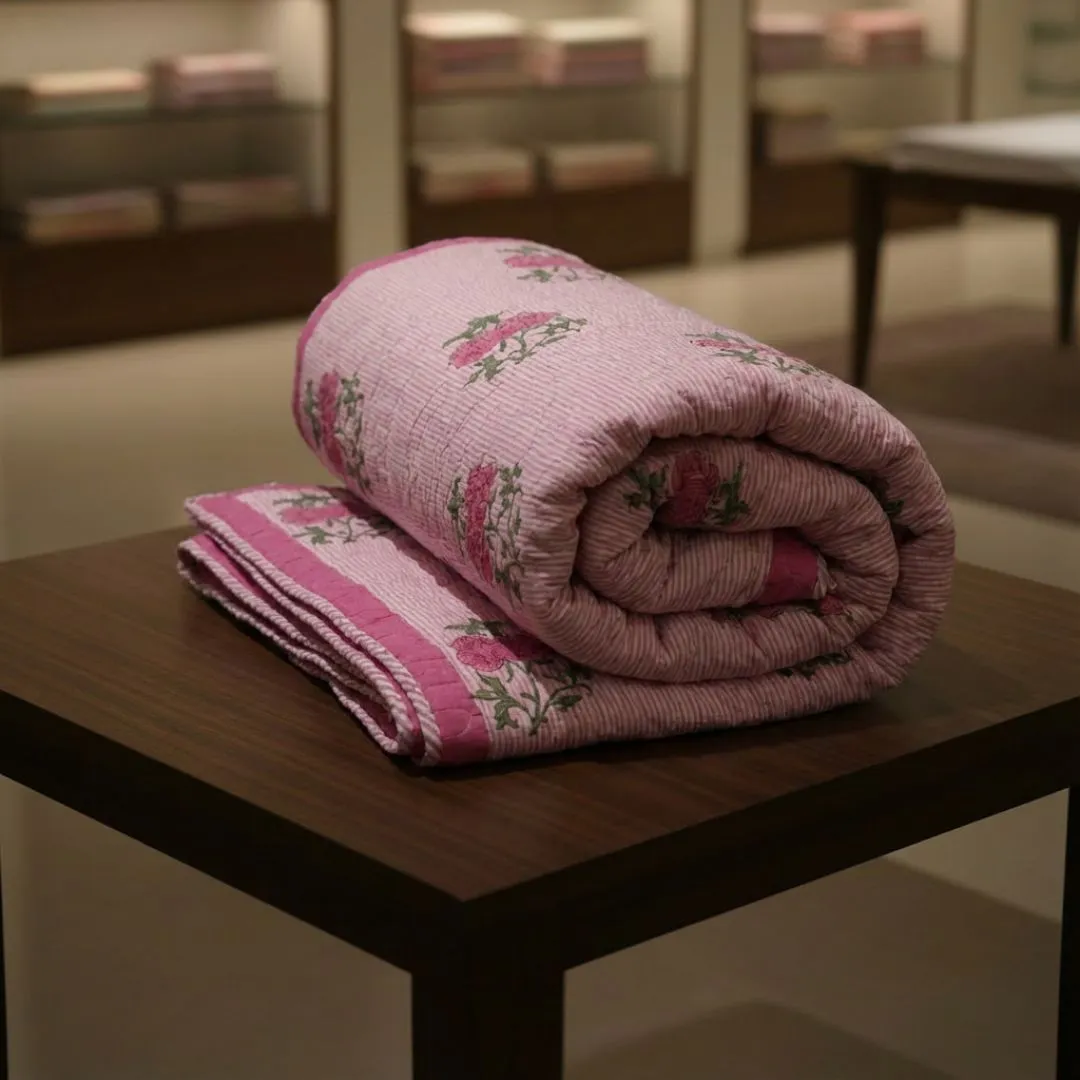 Single Double-Sided Block Printed Comforter in Soft Pink Floral Pattern