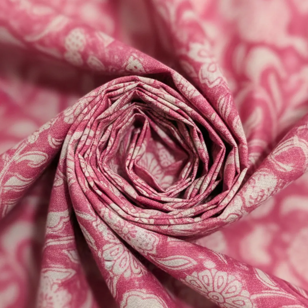Single-Sided Hand Block Printed Mal Cotton Fabric – Pink Floral | Sold Per Meter