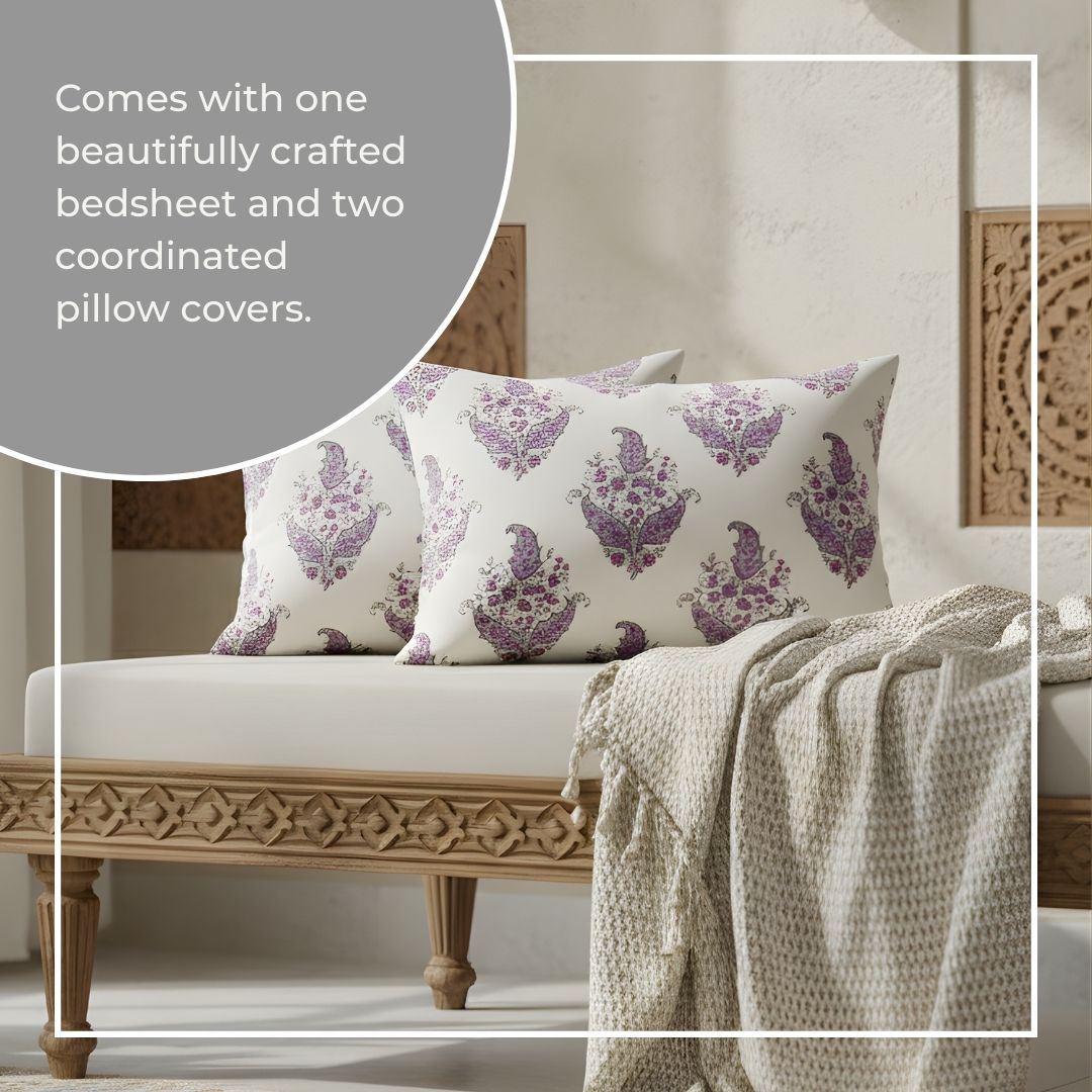 Single-Sided Block Printed Double Bedsheet in Grey Floral Motif