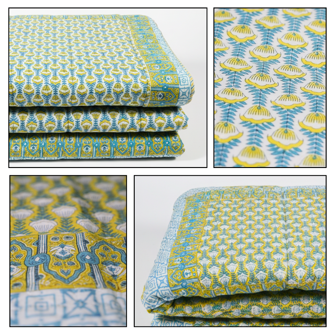 Single Double-Sided Block Printed AC Quilt in Blue Green Pattern