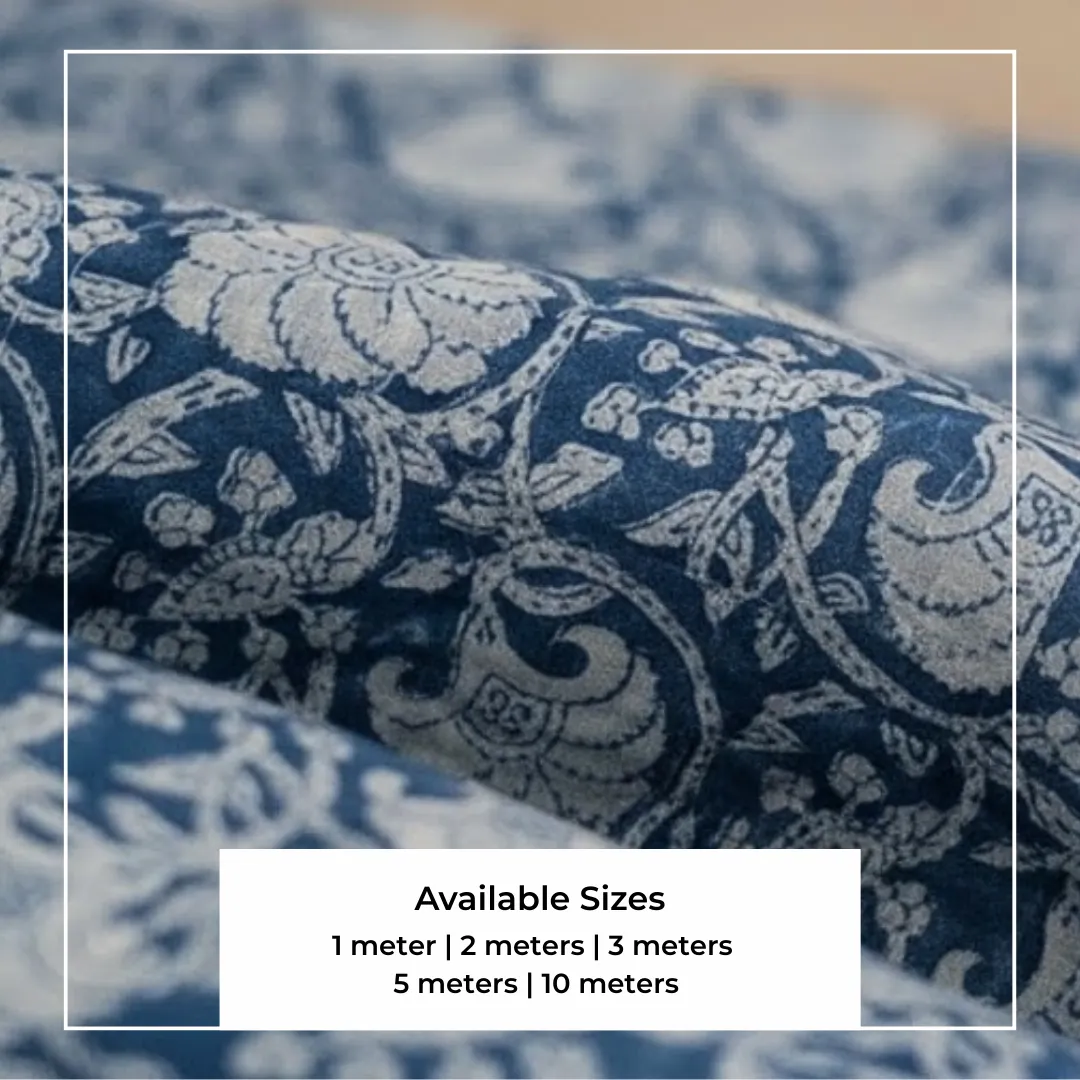 Single-Sided Hand Block Printed Mal Cotton Fabric – Blue Floral | Sold Per Meter